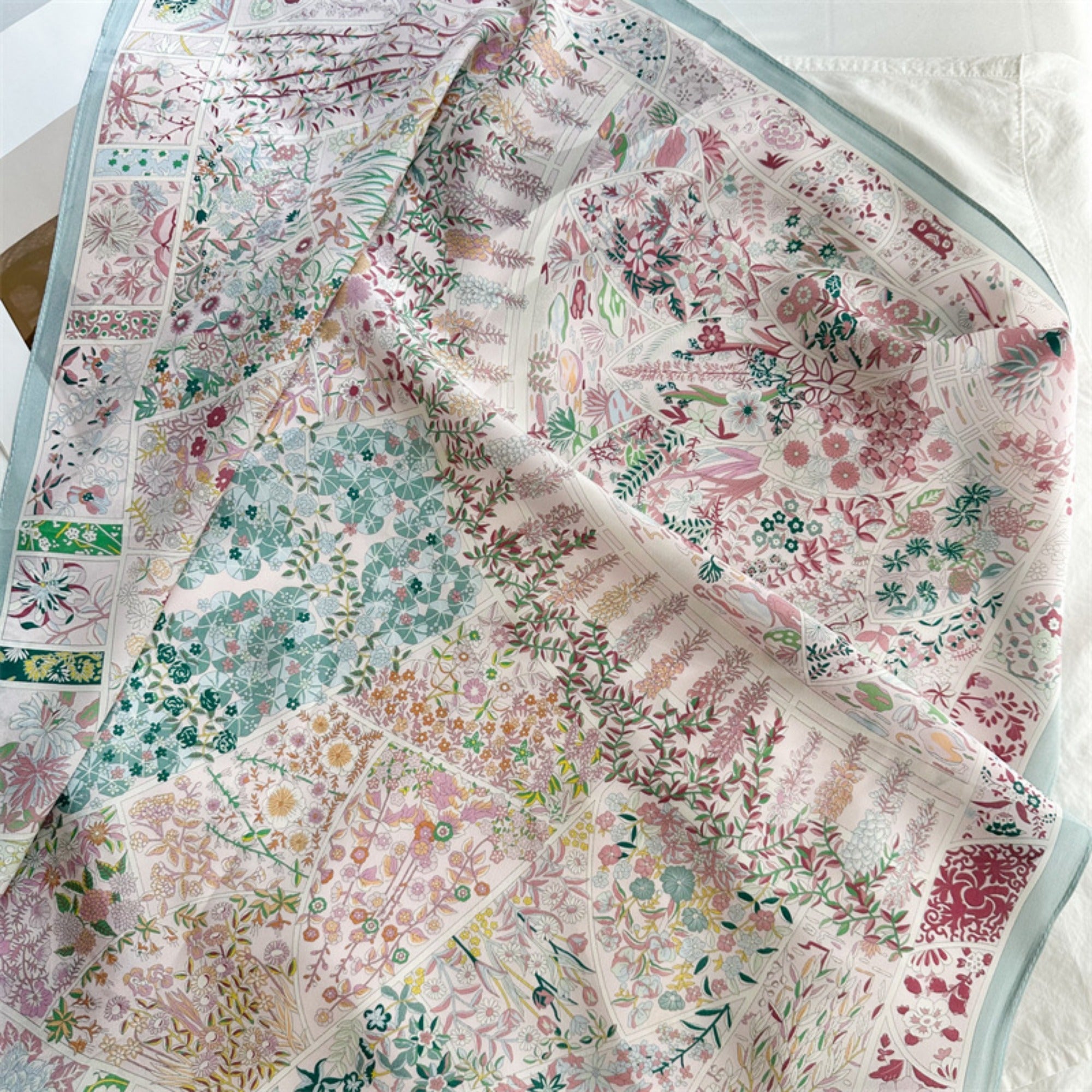 26'' Pink Monet Garden Mulberry Silk Scarf – Artistic Floral Square Silk Shawl for Women, Romantic & Elegant Accessory