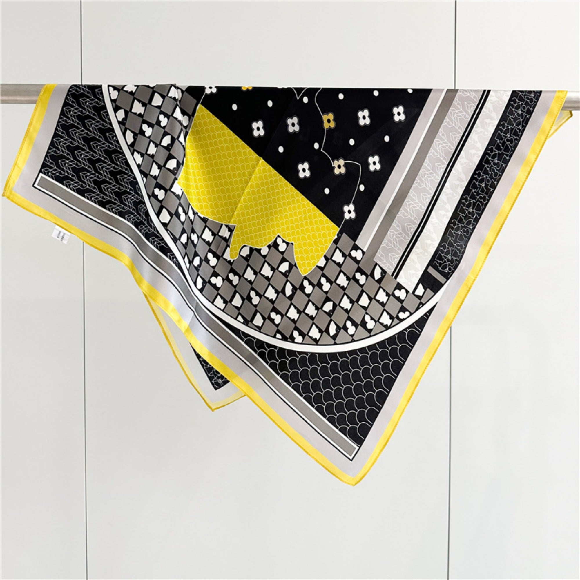 26'' Puzzle Yellow Border Mulberry Silk Scarf – Modern Geometric Square Silk Shawl for Women, Elegant and Unique Accessory