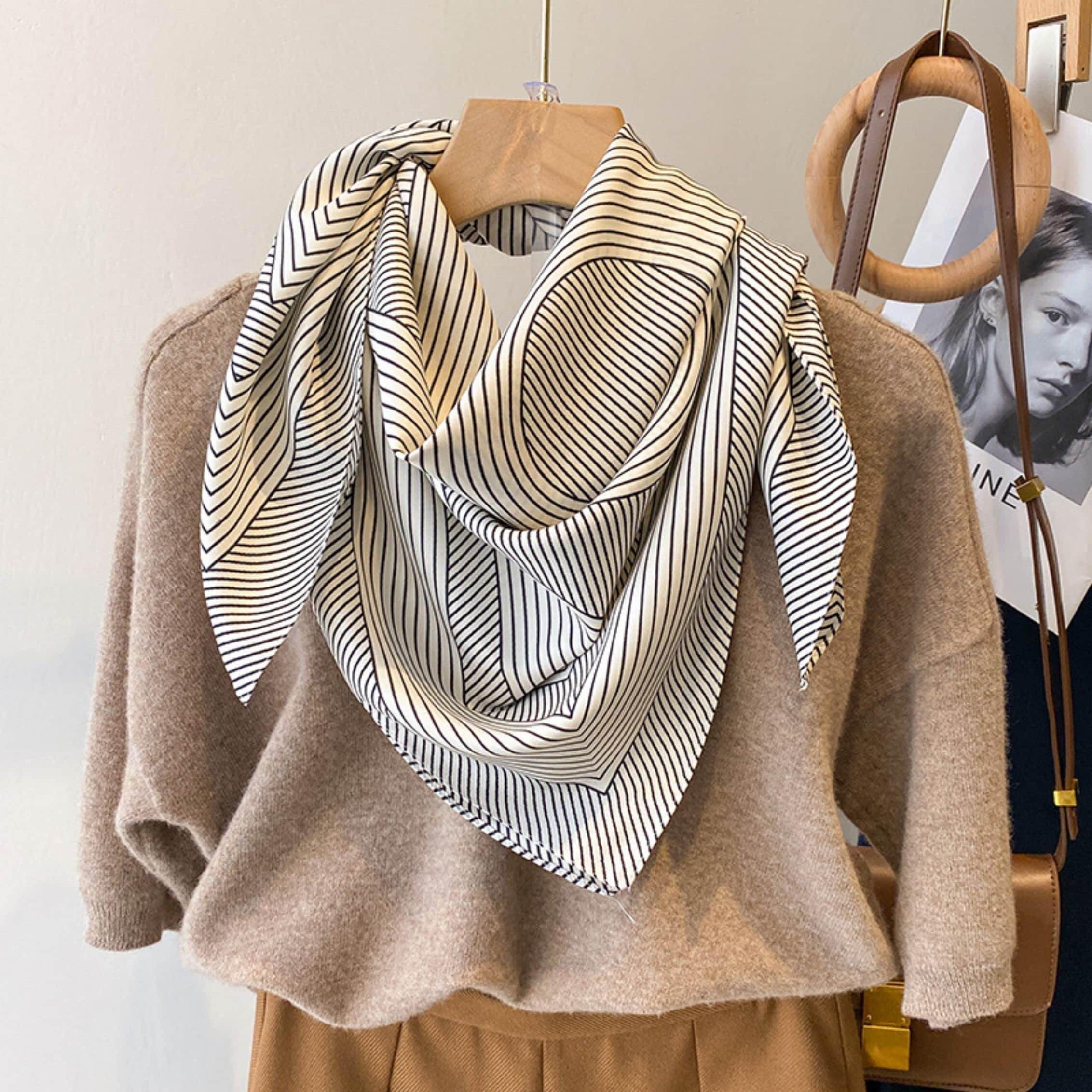 Black and White Striped Minimalist Large Silk Scarf/90*90cm/Satin Shawl/Twill Scarf/Gift for Her/Mother's Day Gift-Customized Your Fabrics