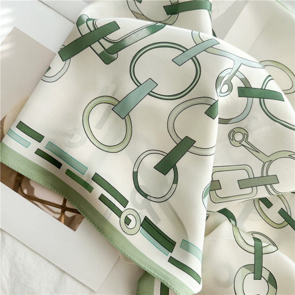 26'' Minimalist Green Lock Mulberry Silk Scarf – Simple & Elegant Square Silk Shawl for Women, Modern Chic Accessory