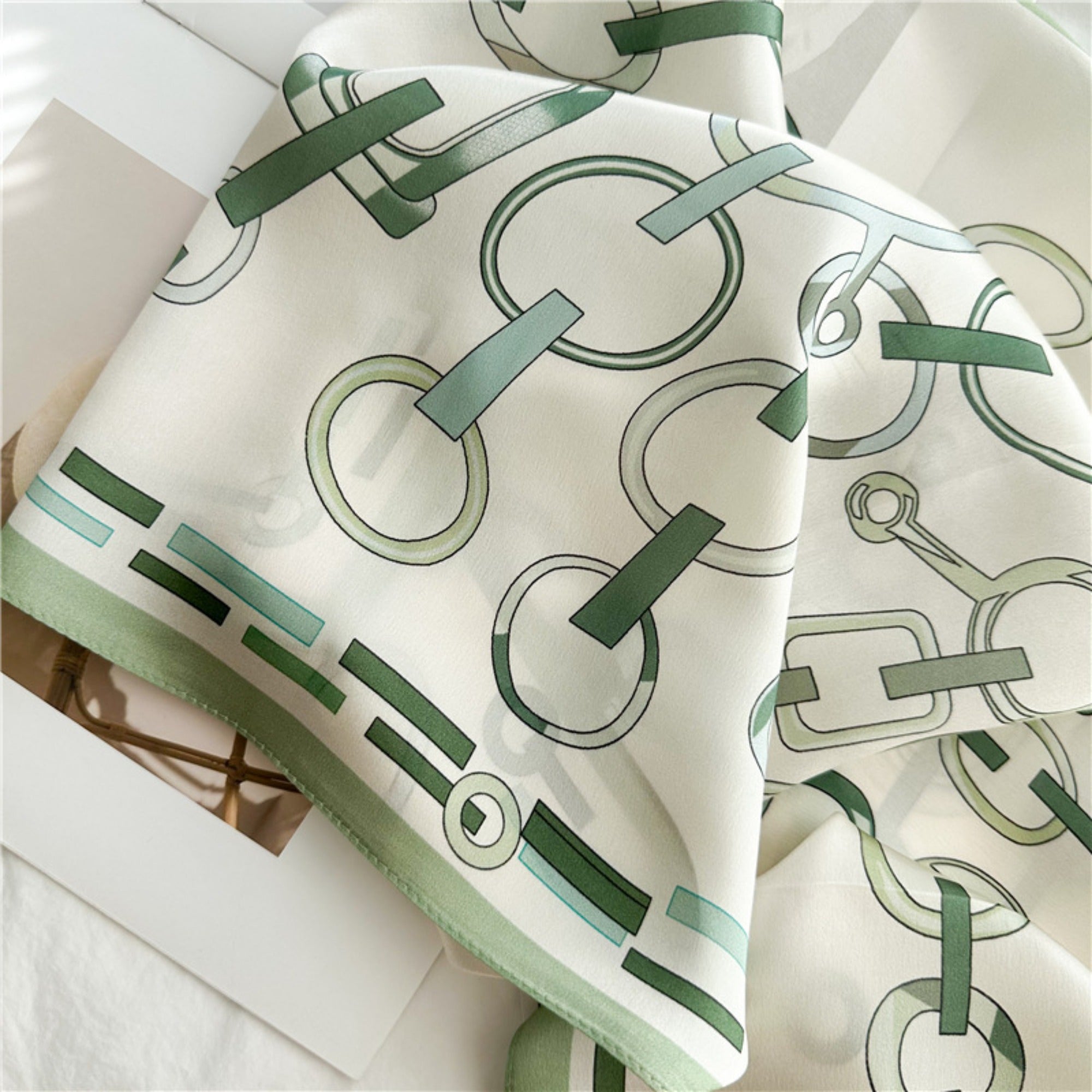 26'' Minimalist Green Lock Mulberry Silk Scarf – Simple & Elegant Square Silk Shawl for Women, Modern Chic Accessory