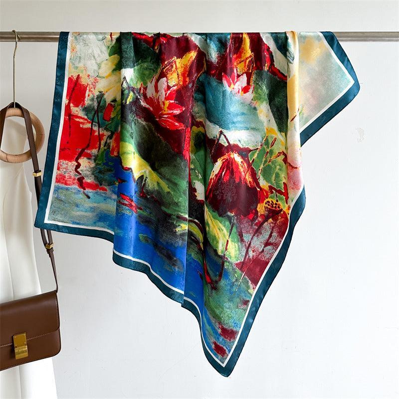 Oil Painting Chic Large Satin Scarf | 90x90cm Bandana | Twill Satin Shawl | Perfect Gift for Her, Mother's Day