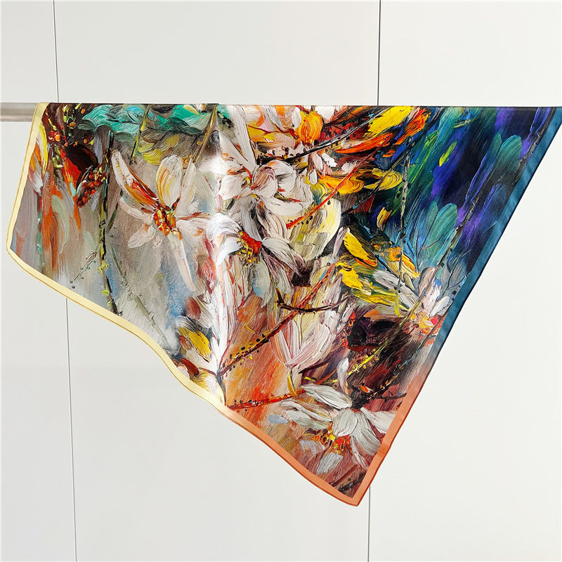 New Arrival: Living Colour Oil Painting Impact 100% Mulberry Silk Scarf - 65CM Square Shawl, Elegant Gift for Her