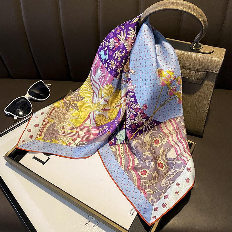 Patchwork jungle pattern Luxurious 65cm Mulberry Silk Square Scarf/Hand-Rolled Hem/Small Neck Scarf/Gift For Her