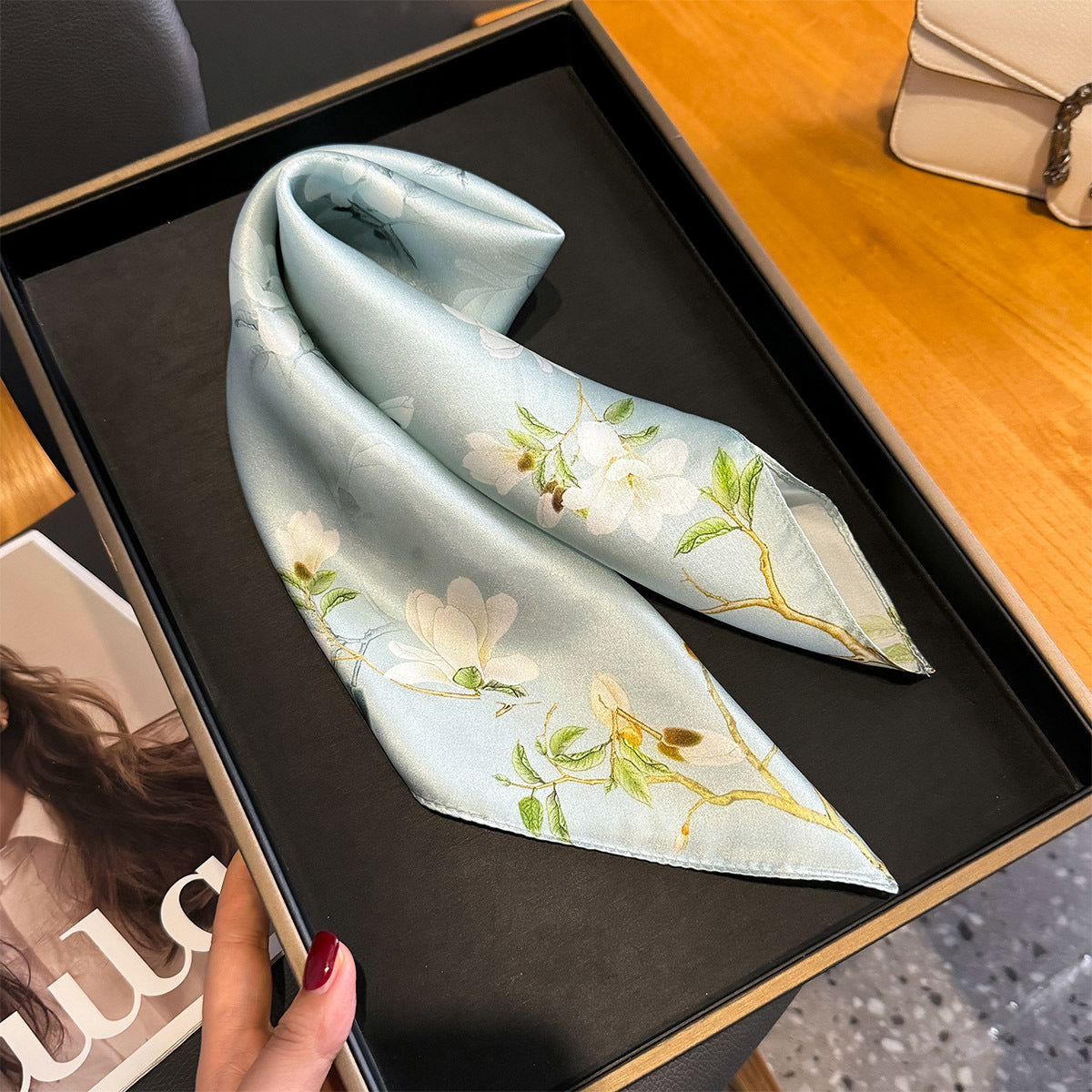 Light Blue Floral 100% Mulberry Silk Scarf - Hair Scarf, Neck Scarf, Bandana, Bag Accessory, Gift for Her - Oriental Aesthetic for Spring