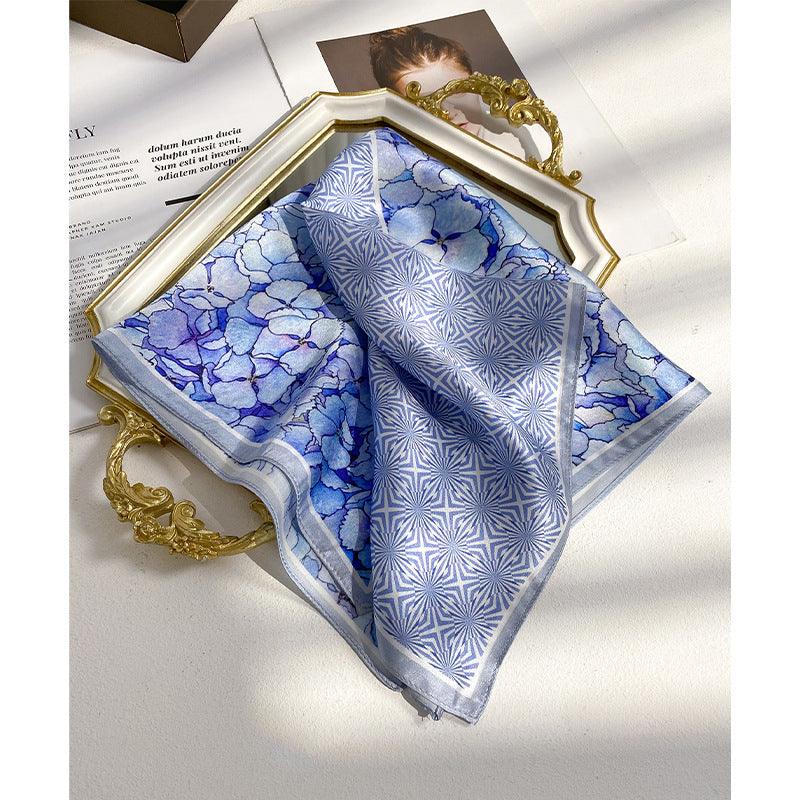 Blue flowers 100% mulberry Silk Scarf/Silk head scarf/Silk hair scarf/Silk neck scarf/Mother's Day Gifts/Bag Accessory/Gift for her