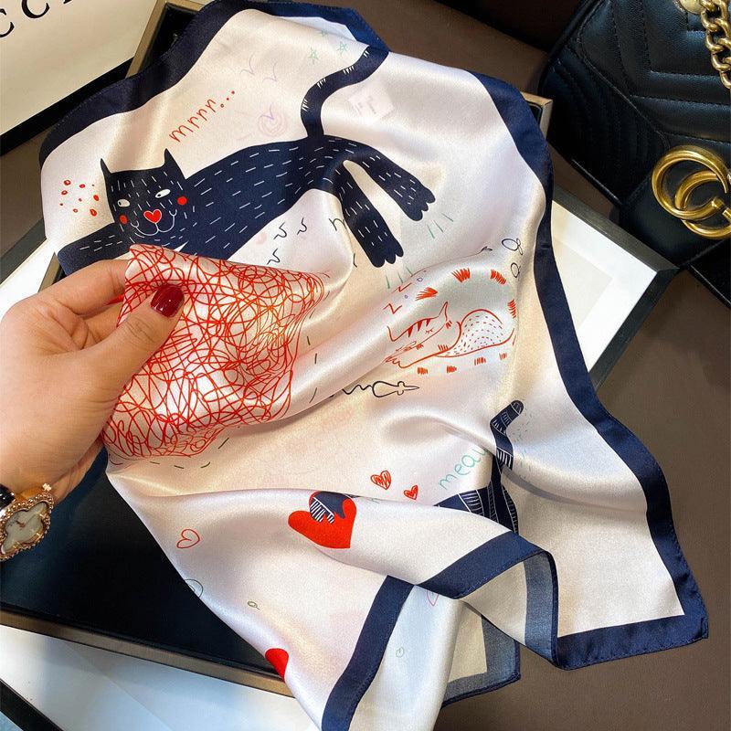 Pink Cat Pattern 100% mulberry Silk Scarf/Silk head scarf/Silk hair scarf/Silk neck scarf/Mother's Day Gifts/Bag Accessory/Gift for her