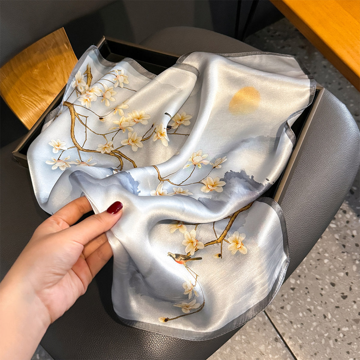 Chinese Landscape Theme 100% Mulberry Silk Scarf - Elegant Hair Scarf, Neck Scarf, Bandana, Bag Accessory, Gift for Her