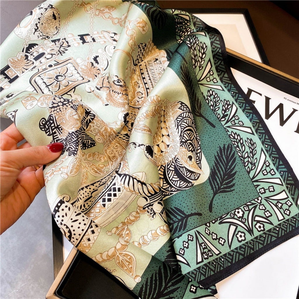 Modern Dark Green Silk Scarf – Simple Print | 100% Mulberry Silk Twill 65CM | Stylish Gift for Her