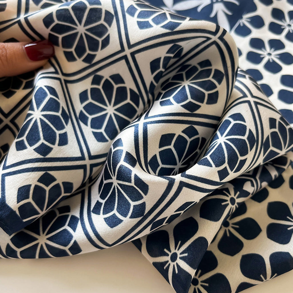 Navy Checkerboard Silk Scarf – 100% Mulberry Silk Twill 65CM | Elegant Square Scarf | Gift for Mom