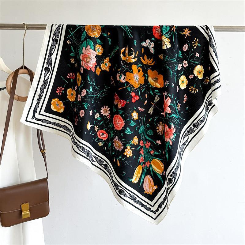 White Floral Butterfly Chic Large Satin Scarf | 90x90cm Bandana | Twill Satin Shawl | Perfect Gift for Her, Mother's Day