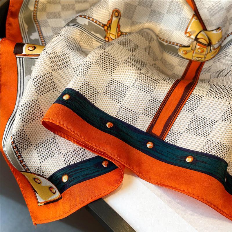 Orange Plaid Print 100% mulberry Silk Scarf/Silk head scarf/Silk hair scarf/Silk neck scarf/Mother's Day Gifts/Bag Accessory/Gift for her