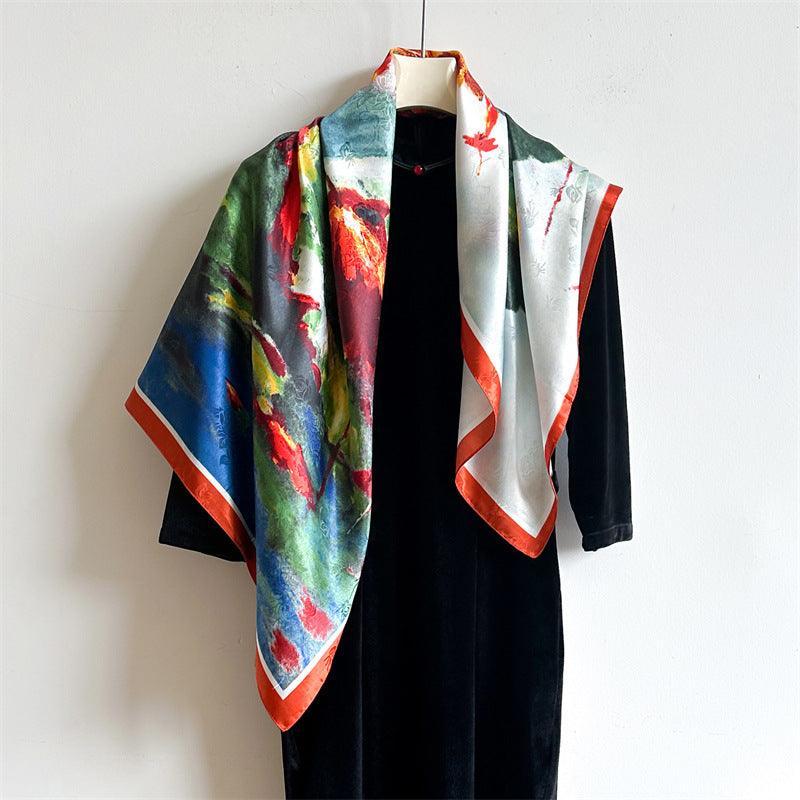 Oil Painting Chic Large Satin Scarf | 90x90cm Bandana | Twill Satin Shawl | Perfect Gift for Her, Mother's Day
