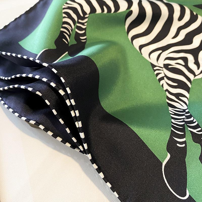 Green/White Zebra Pattern Luxurious 65cm Mulberry Silk Square Scarf/Hand-Rolled Hem/Small Neck Scarf/Gift For Her