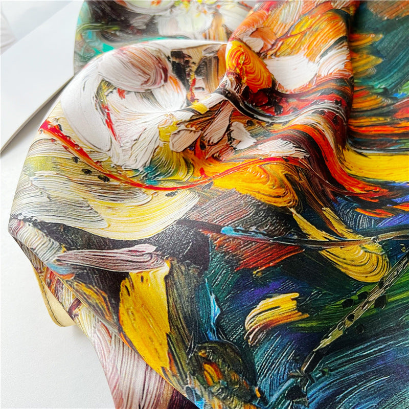 New Arrival: Living Colour Oil Painting Impact 100% Mulberry Silk Scarf - 65CM Square Shawl, Elegant Gift for Her