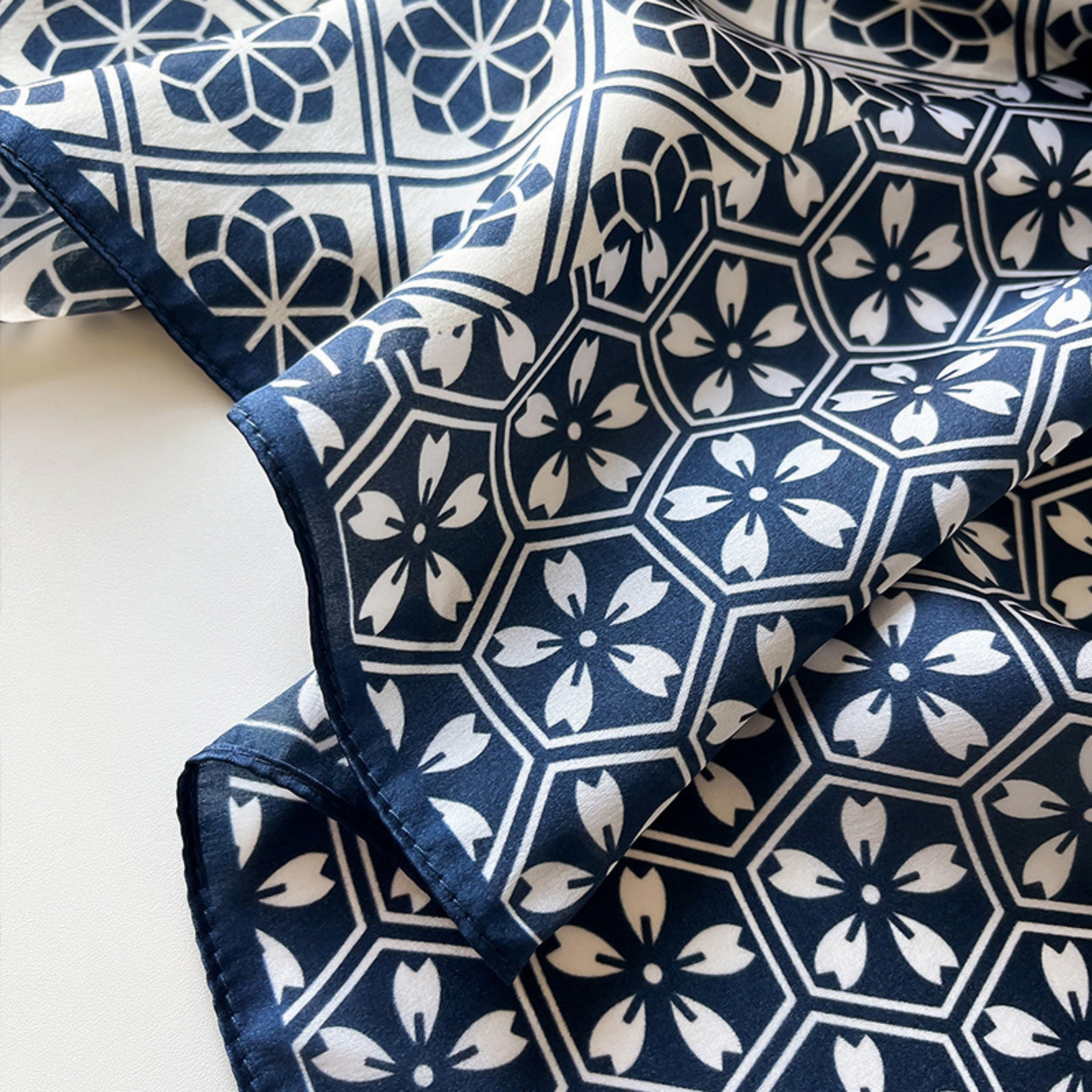 Navy Checkerboard Silk Scarf – 100% Mulberry Silk Twill 65CM | Elegant Square Scarf | Gift for Mom