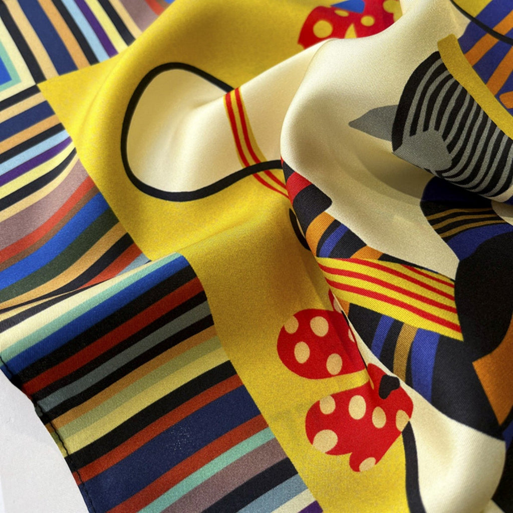 Colorful Cartoon Bengal Cat Silk Scarf – 100% Mulberry Silk Twill 65CM | Luxury Silk Shawl | Gift for Her