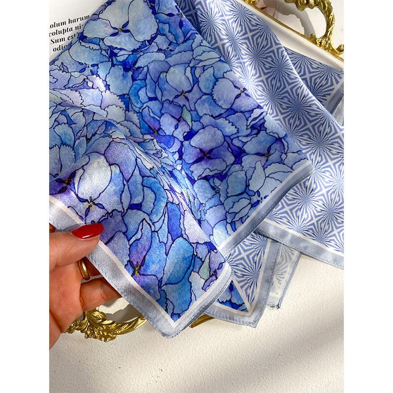 Blue flowers 100% mulberry Silk Scarf/Silk head scarf/Silk hair scarf/Silk neck scarf/Mother's Day Gifts/Bag Accessory/Gift for her