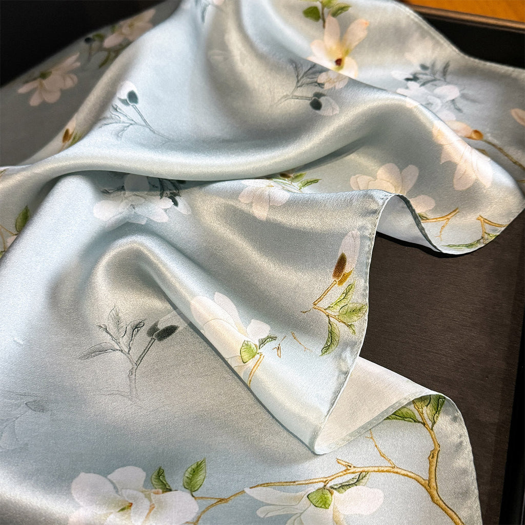 Light Blue Floral 100% Mulberry Silk Scarf - Hair Scarf, Neck Scarf, Bandana, Bag Accessory, Gift for Her - Oriental Aesthetic for Spring