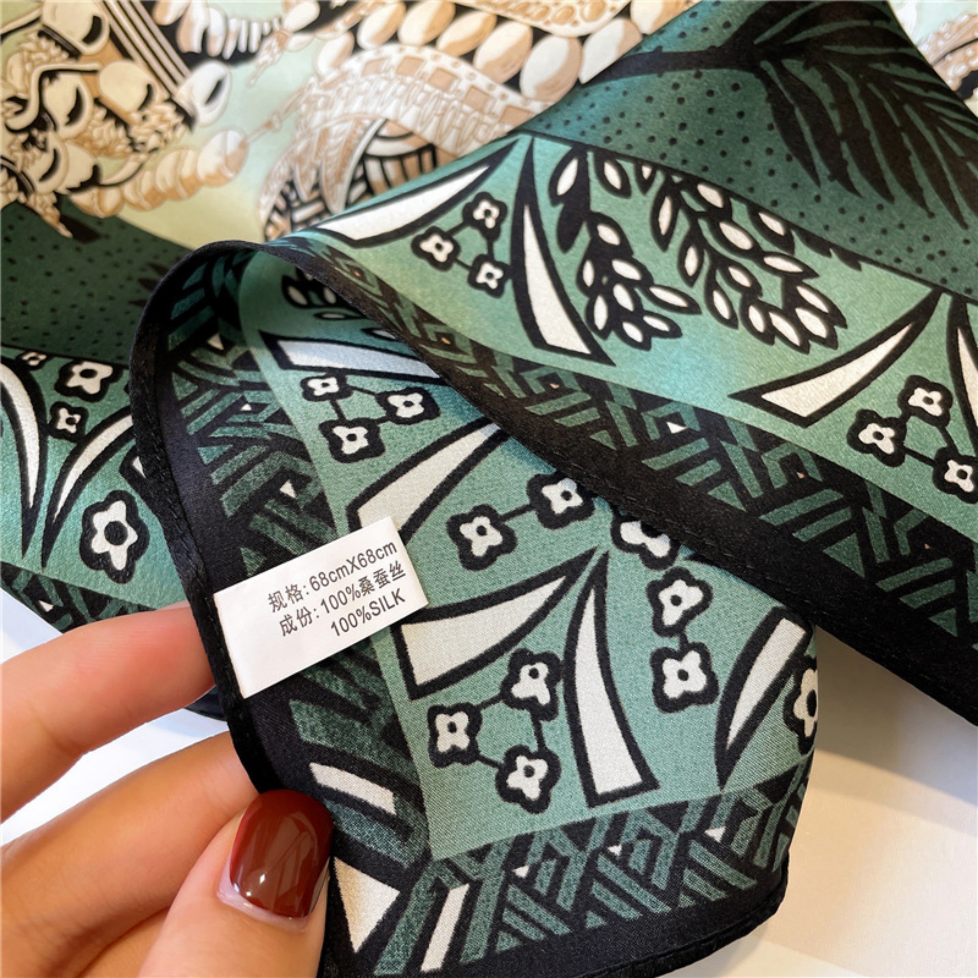 Modern Dark Green Silk Scarf – Simple Print | 100% Mulberry Silk Twill 65CM | Stylish Gift for Her