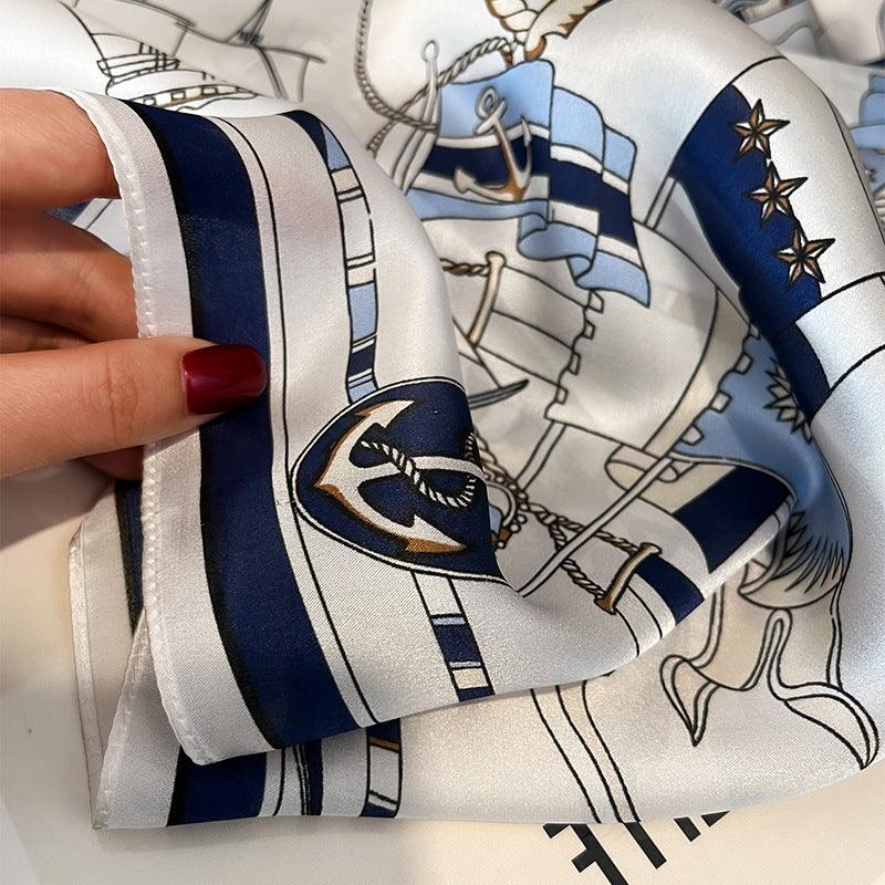 Nautical motif mulberry silk scarf/65CM 100% mulberry silk scarf/Silk shawl/Gift for her