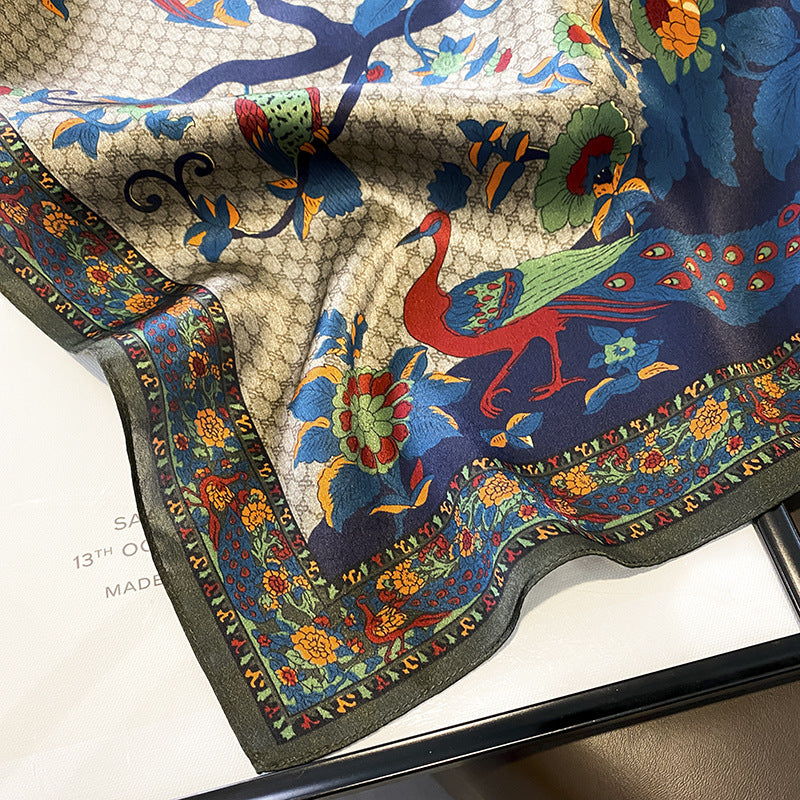 Vintage Peacock Pattern mulberry silk scarf/65CM 100% mulberry silk scarf/Silk shawl/Gift for her