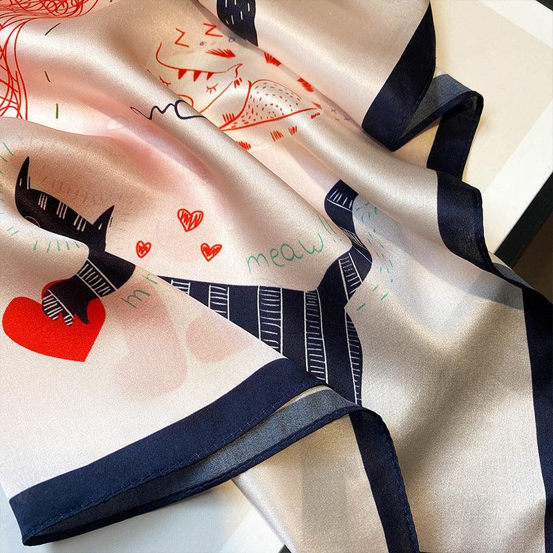 Pink Cat Pattern 100% mulberry Silk Scarf/Silk head scarf/Silk hair scarf/Silk neck scarf/Mother's Day Gifts/Bag Accessory/Gift for her