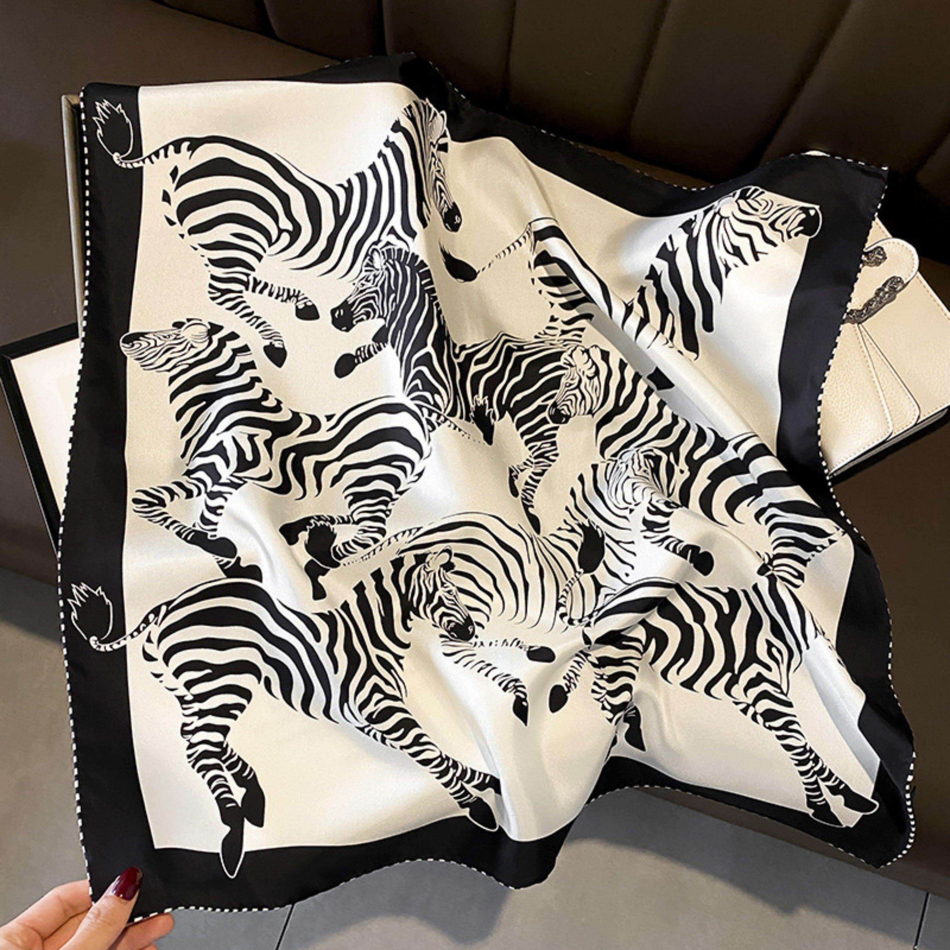 Green/White Zebra Pattern Luxurious 65cm Mulberry Silk Square Scarf/Hand-Rolled Hem/Small Neck Scarf/Gift For Her