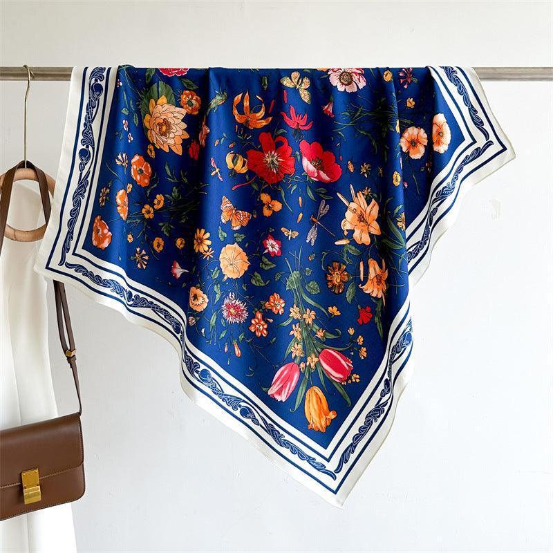 White Floral Butterfly Chic Large Satin Scarf | 90x90cm Bandana | Twill Satin Shawl | Perfect Gift for Her, Mother's Day