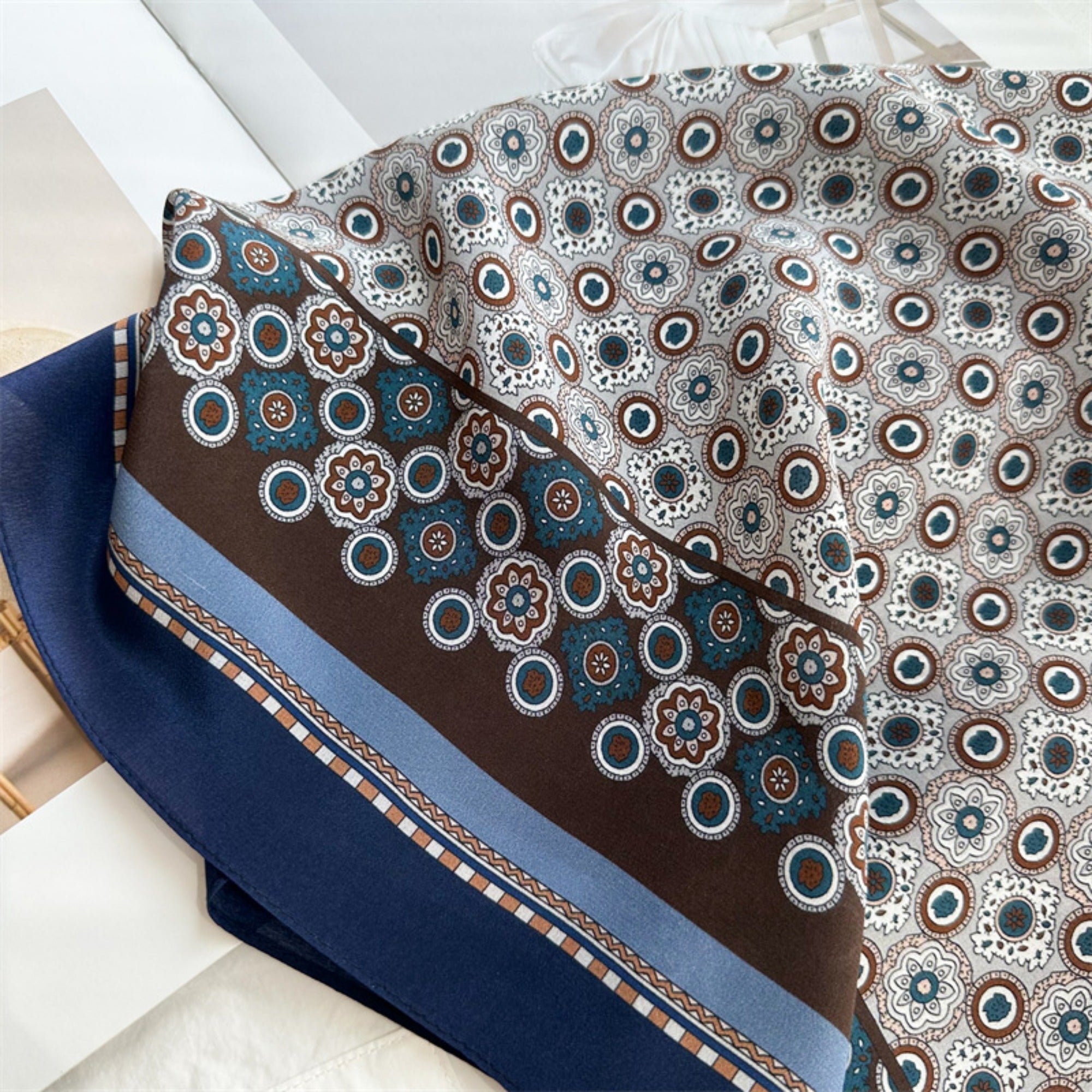 26'' Blue Polka Dot Mulberry Silk Scarf – Old Money Style Square Silk Shawl for Women, Elegant & Timeless Accessory