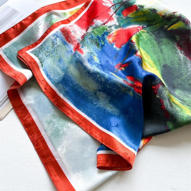 Oil Painting Chic Large Satin Scarf | 90x90cm Bandana | Twill Satin Shawl | Perfect Gift for Her, Mother's Day