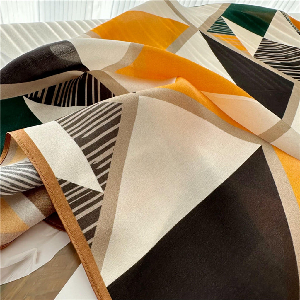 26'' Triangle Geometric Colorblock Mulberry Silk Scarf – Modern & Bold Square Silk Shawl for Women, Unique Geometric Design