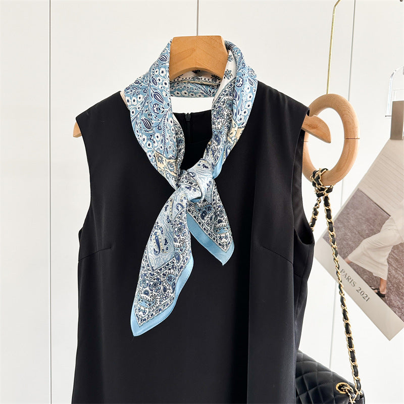 New Arrival: Light Blue 100% Mulberry Silk Square Scarf with Happiness Tree Pattern - 65CM Elegant Shawl, Perfect Gift for Her