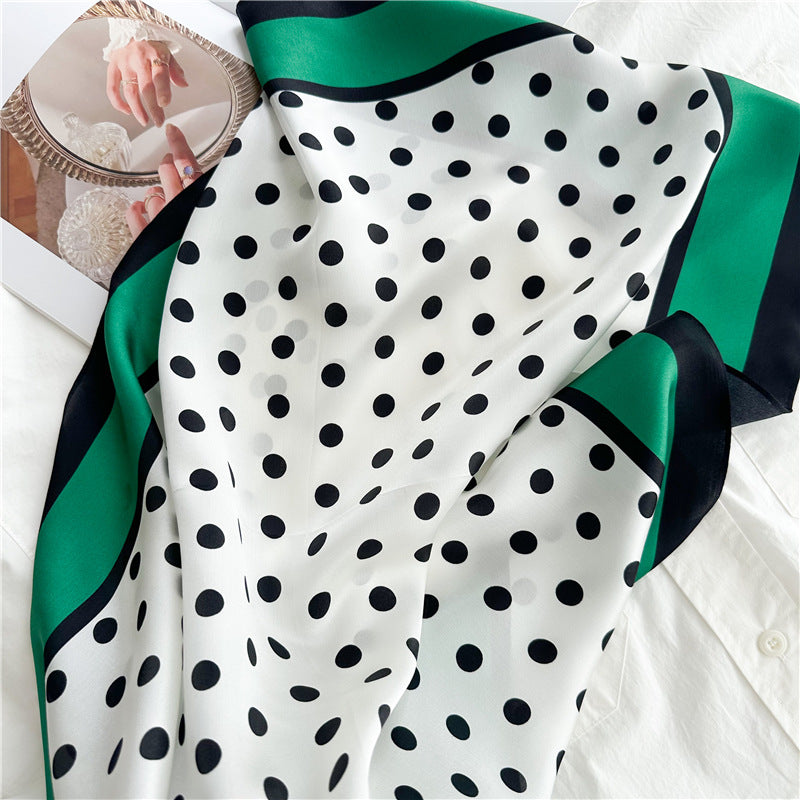 New Arrival: Green Border Polka Dot 100% Mulberry Silk Scarf - 65CM Square Shawl, Elegant Gift for Her