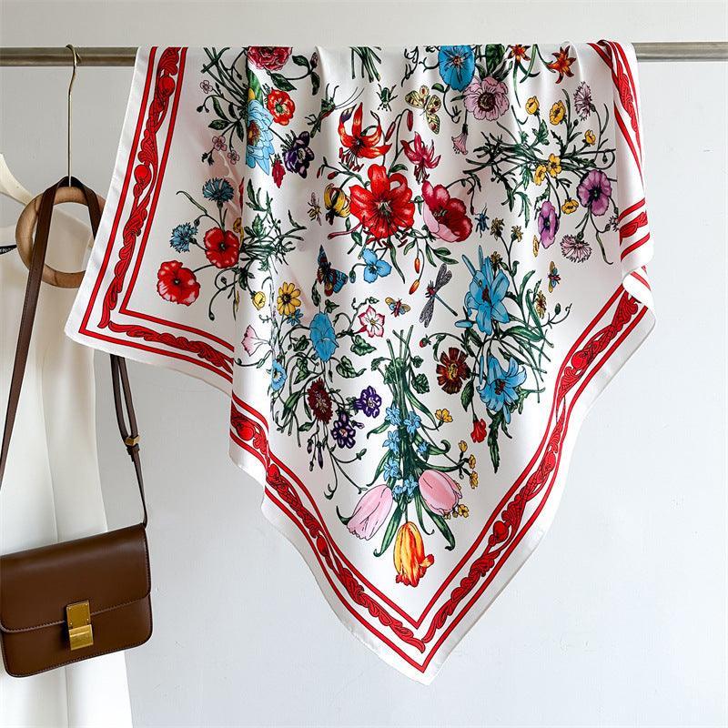 White Floral Butterfly Chic Large Satin Scarf | 90x90cm Bandana | Twill Satin Shawl | Perfect Gift for Her, Mother's Day