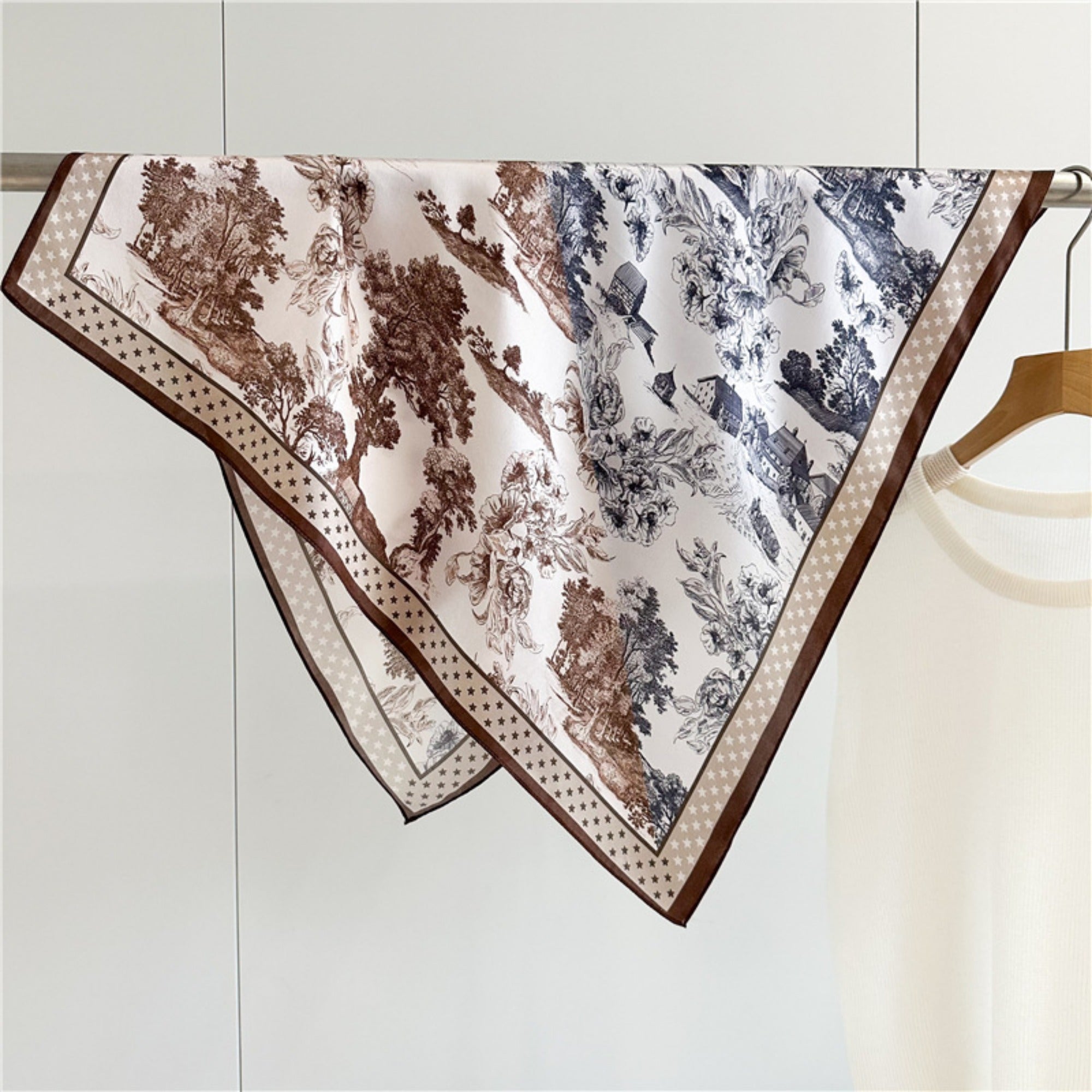 26'' Vintage Jungle Mulberry Silk Scarf with Coffee Border – Bold & Retro Square Silk Shawl for Women, Tropical Jungle Design