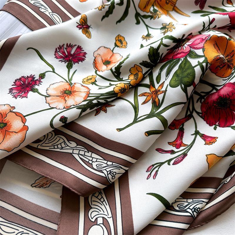 White Floral Butterfly Chic Large Satin Scarf | 90x90cm Bandana | Twill Satin Shawl | Perfect Gift for Her, Mother's Day