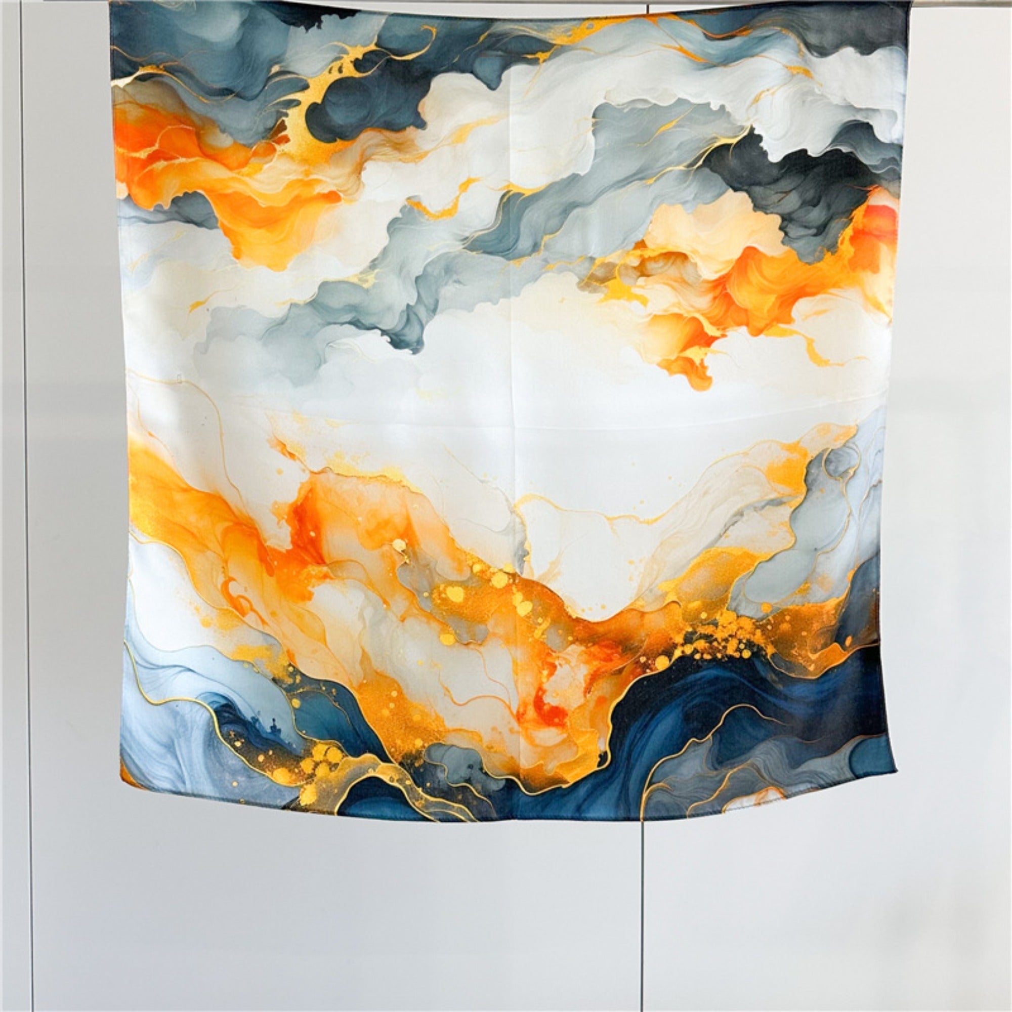 26'' Orange Gilded Mulberry Silk Scarf – Elegant & Luxurious Square Silk Shawl for Women, Golden Accent Accessory