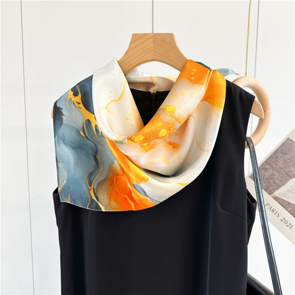 26'' Orange Gilded Mulberry Silk Scarf – Elegant & Luxurious Square Silk Shawl for Women, Golden Accent Accessory