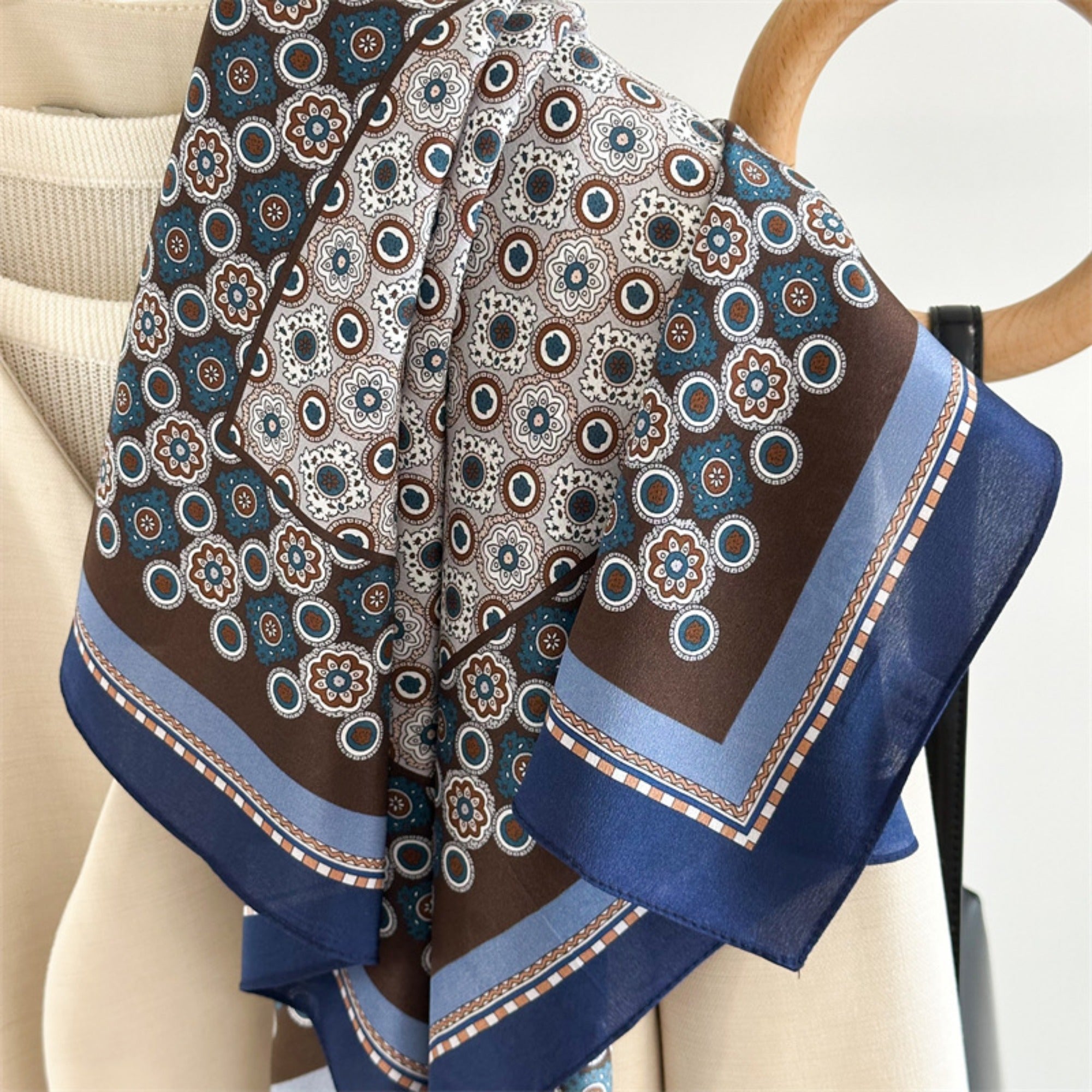 26'' Blue Polka Dot Mulberry Silk Scarf – Old Money Style Square Silk Shawl for Women, Elegant & Timeless Accessory