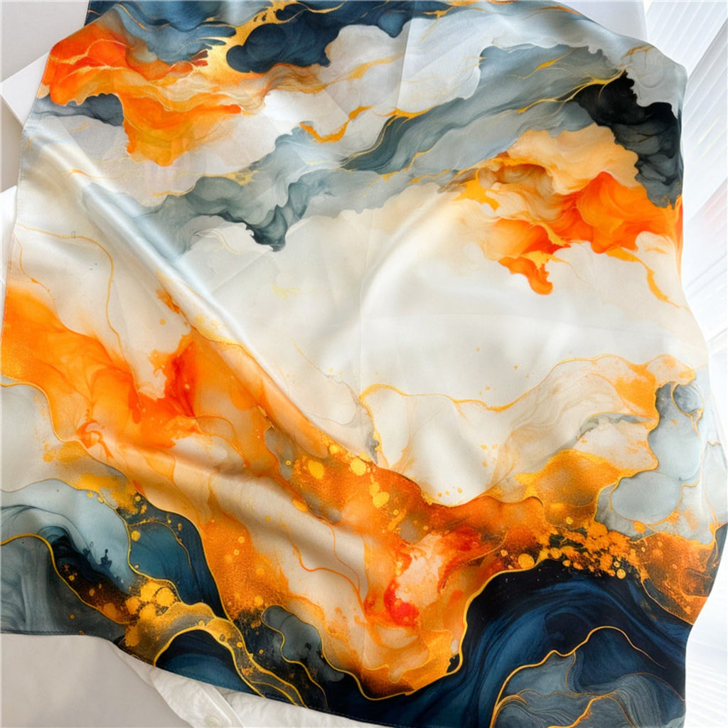 26'' Orange Gilded Mulberry Silk Scarf – Elegant & Luxurious Square Silk Shawl for Women, Golden Accent Accessory