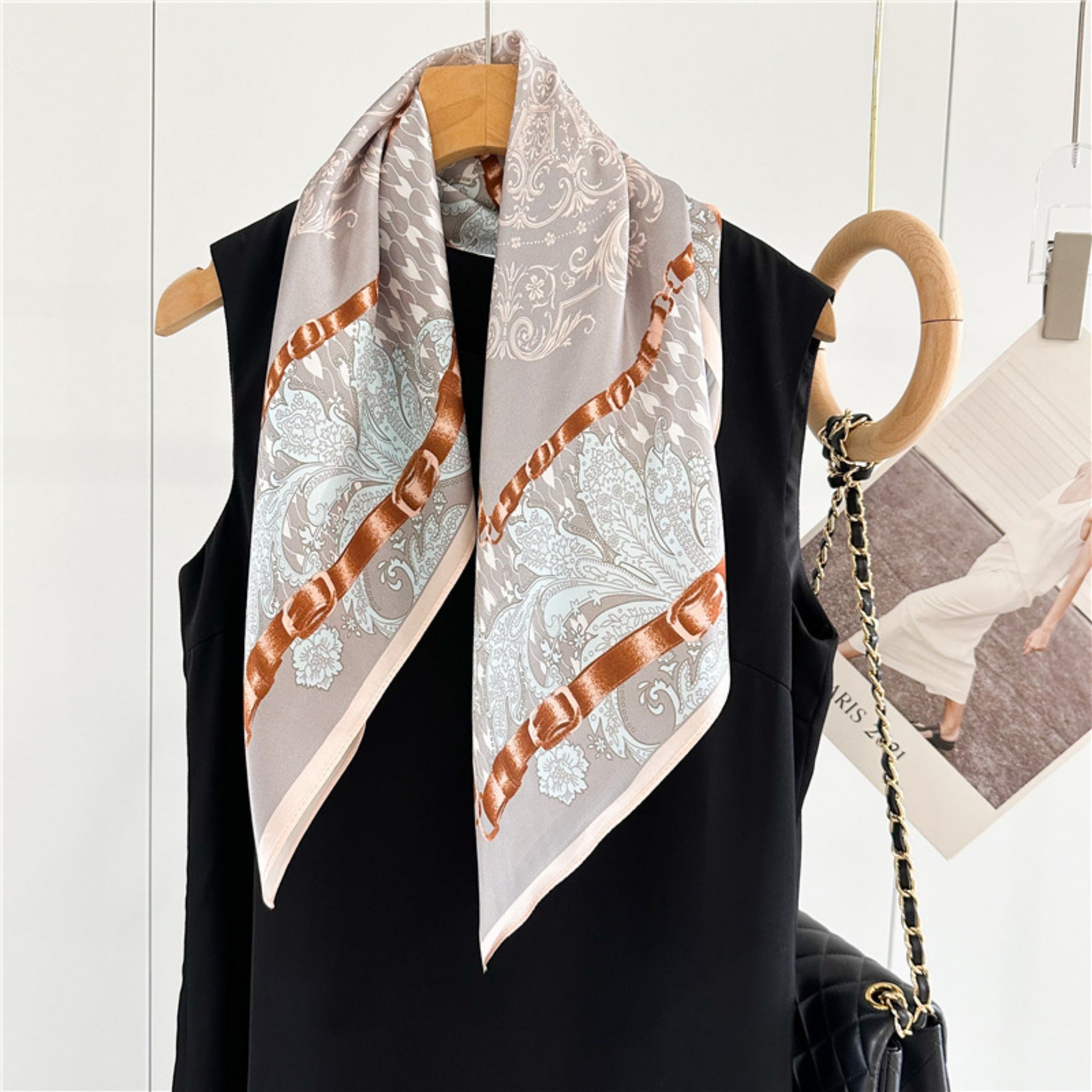 26'' Gray Pink Floral Mulberry Silk Scarf – Elegant Floral Square Silk Shawl for Women, Soft & Feminine Accessory