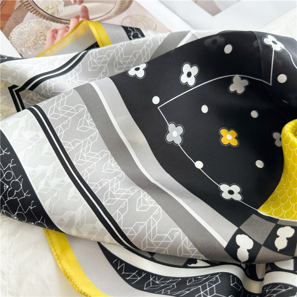 26'' Puzzle Yellow Border Mulberry Silk Scarf – Modern Geometric Square Silk Shawl for Women, Elegant and Unique Accessory