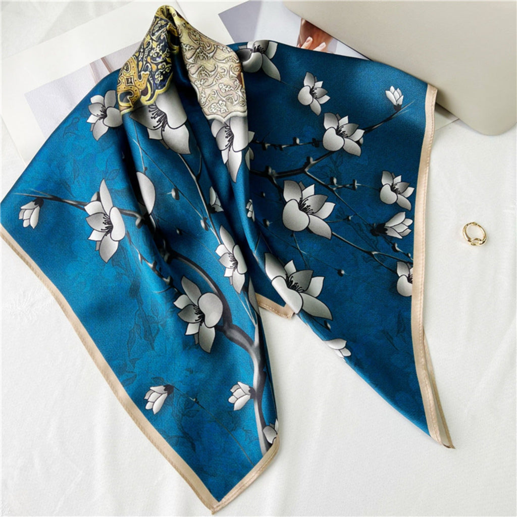 26'' Blue Lock Pattern Mulberry Silk Scarf – Modern Square Silk Shawl for Women, Elegant & Chic Accessory