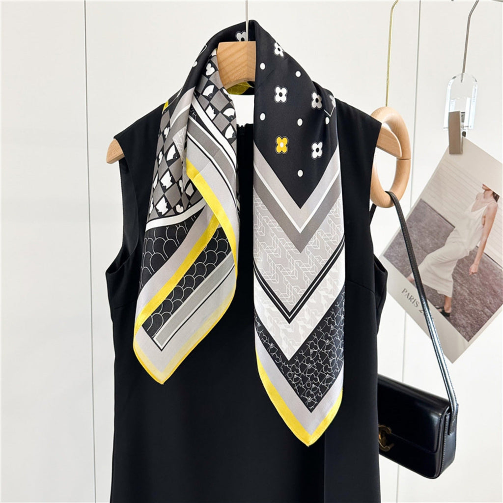 26'' Puzzle Yellow Border Mulberry Silk Scarf – Modern Geometric Square Silk Shawl for Women, Elegant and Unique Accessory