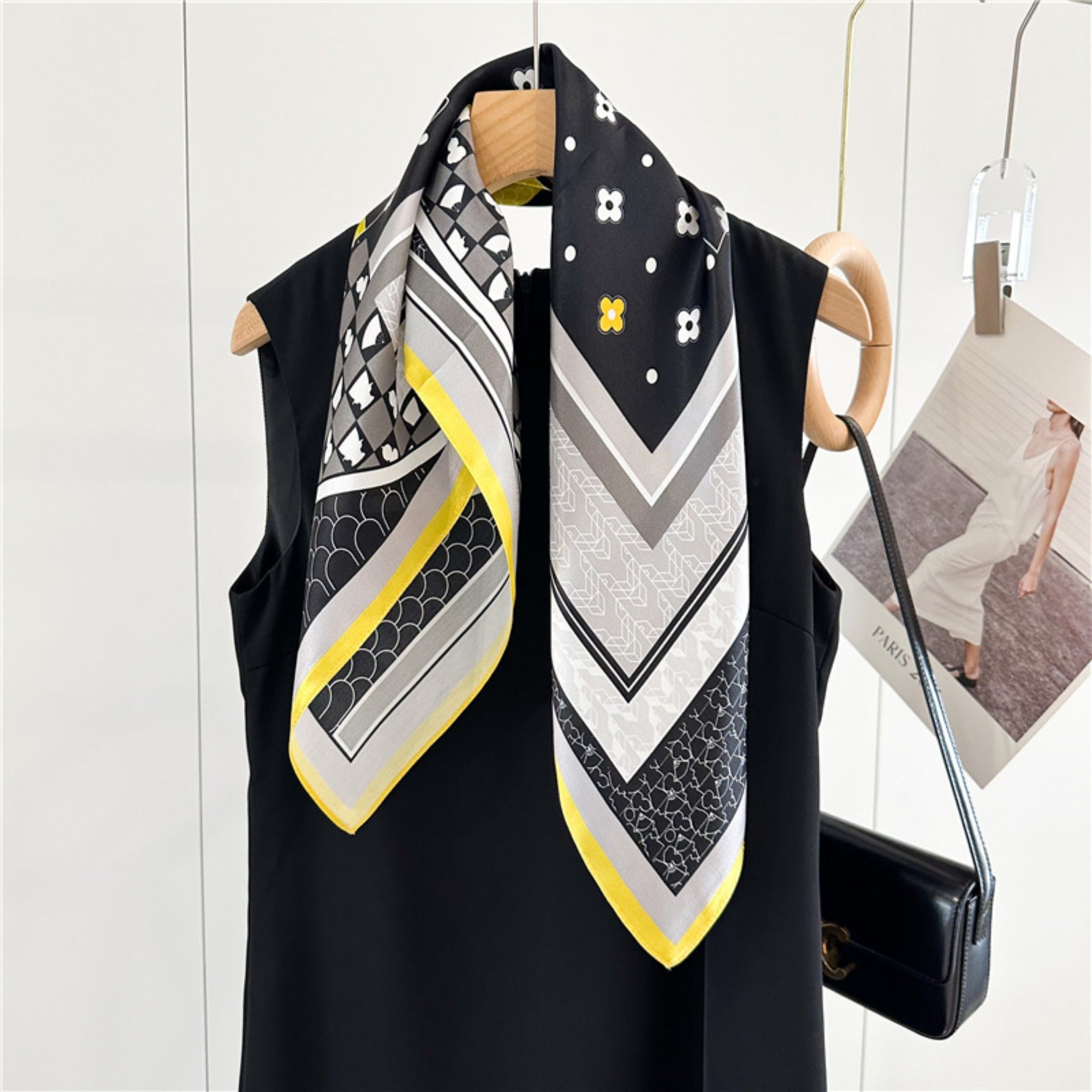 26'' Puzzle Yellow Border Mulberry Silk Scarf – Modern Geometric Square Silk Shawl for Women, Elegant and Unique Accessory