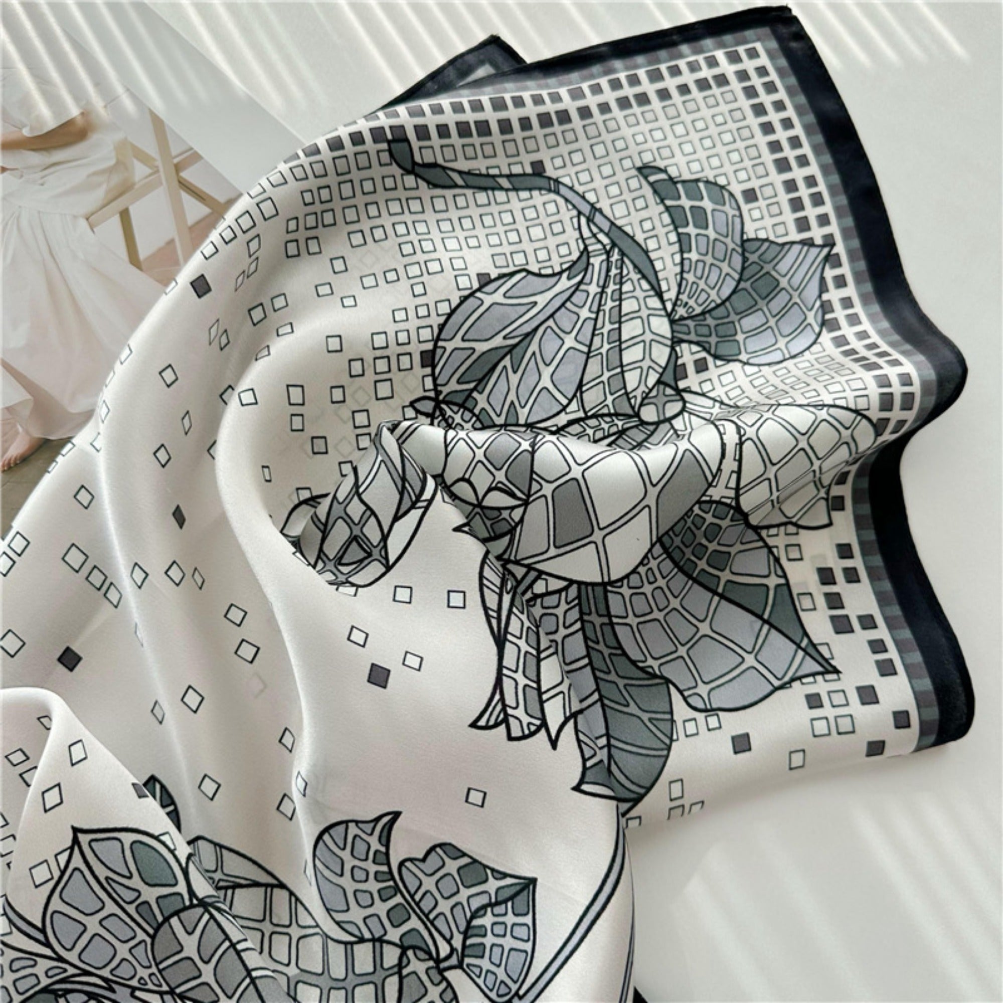 26'' Minimalist Grey Floral Mulberry Silk Scarf – Elegant & Subtle Square Silk Shawl for Women, Modern Floral Design