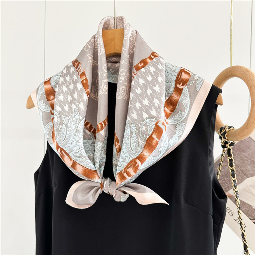 26'' Gray Pink Floral Mulberry Silk Scarf – Elegant Floral Square Silk Shawl for Women, Soft & Feminine Accessory