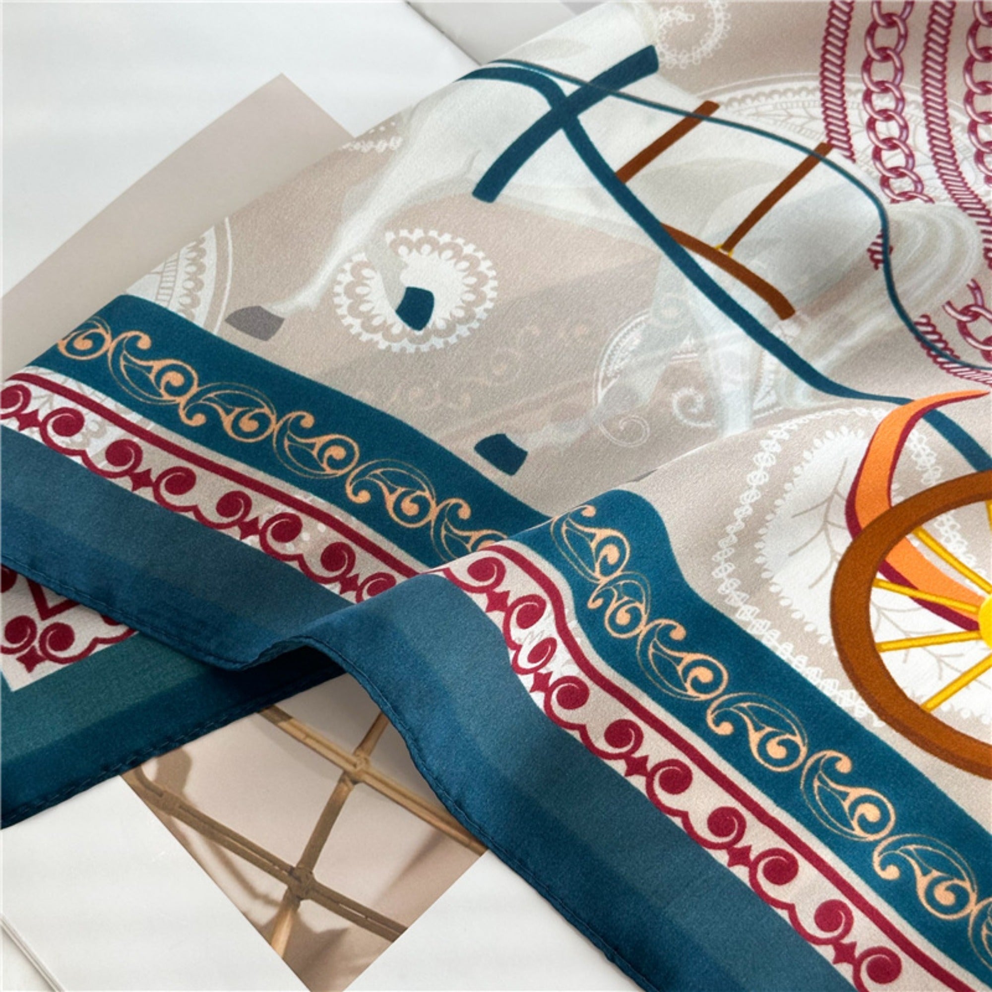 26'' Classic Carriage & Paisley Mulberry Silk Scarf – Timeless Women’s Square Shawl with Heritage-Inspired Design