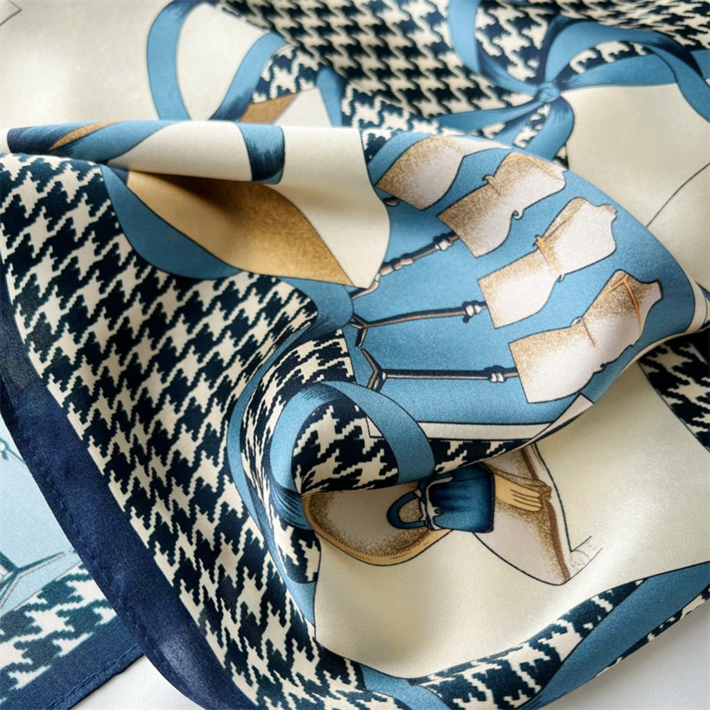 26'' Houndstooth Mulberry Silk Scarf – Classic Square Silk Shawl for Women, Elegant & Timeless Accessory